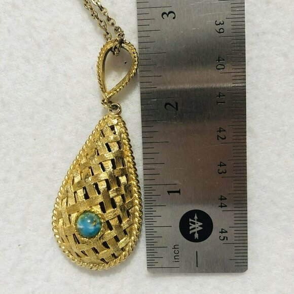 Teardrop Pendant Filigree Necklace Chain Long 26" Gold Byzantine Artisan Retro - Picture 6 of 12